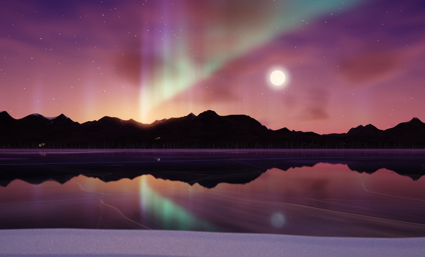 An exported night from the app: green and violet aurora light
 crossing pink volumetric clouds above dark snowy mountains, a full moon, and their
 reflection in the frozen lake. Seed 16.2666, 56% through the night.